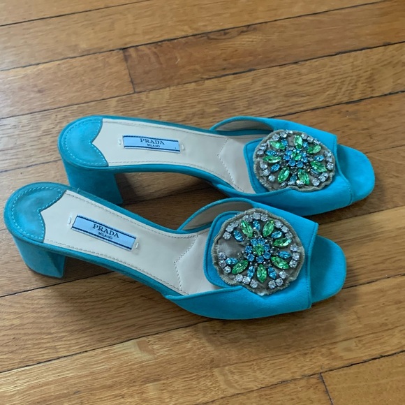 Prada Turquoise Embellished Slide Sandals - Picture 2 of 4
